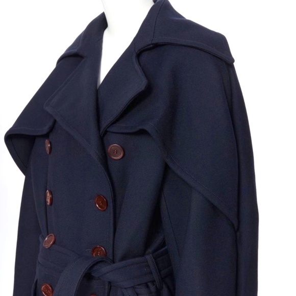CHLOE Iconic Navy wool Ruffle Front Double Breasted Trench Coat - Picture 2 of 16
